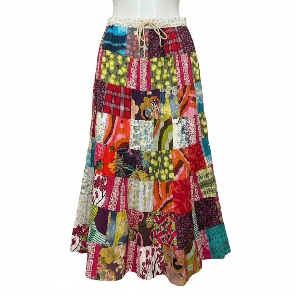 NWT Just Cruising  Patchwork Boho Midi Skirt Festival Hippie Cotton Artsy OS